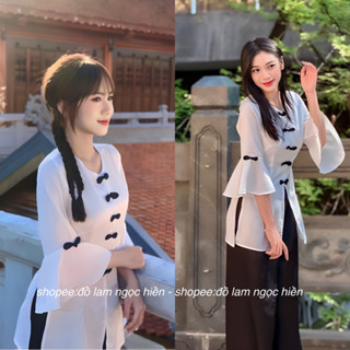 ( xa kho Cả Bộ) Mẫu Đồ Lam, Pháp phục Đi Chùa Ba Trắng Tay Bèo Loa Kết Nút Dọc Áo, Đủ size