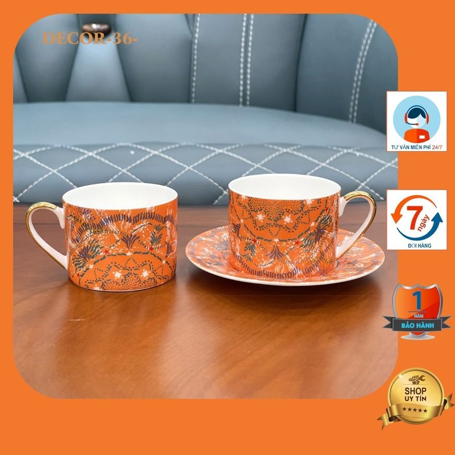 [DECOR] Combo 2 Cốc kèm đĩa họa tiết hoa văn xinh đẹp màu cam sứ cao cấp _DECOR36_