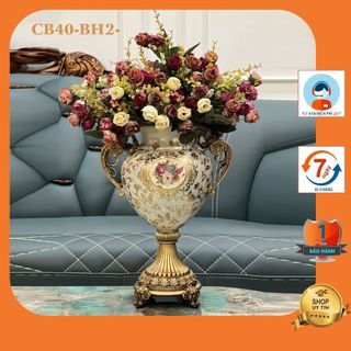 Bình cắm hoa gốm sứ hoạ tiết hoa hồng và hoa lá vẽ viền vàng cao cấp phong cách tân cổ điển sang trọng CB40BH2-