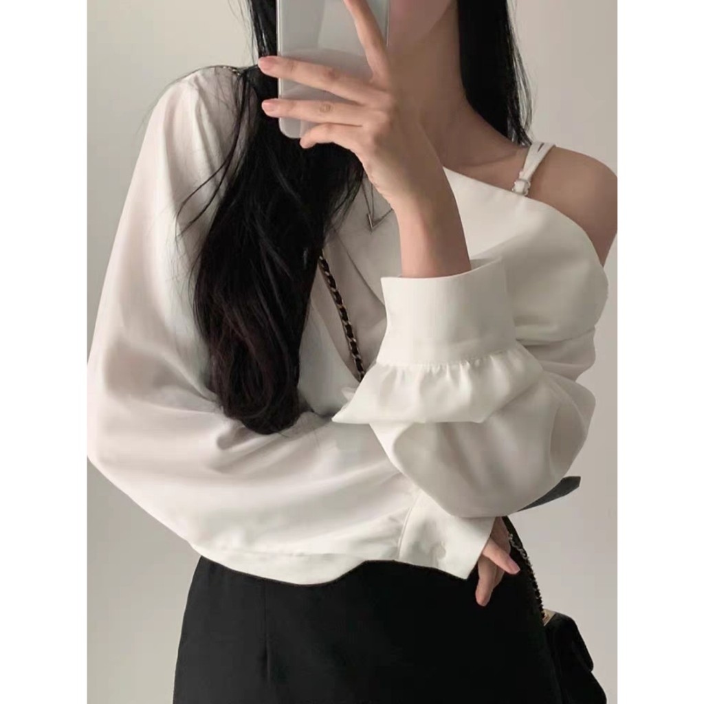 Áo lệch vai trễ vai sơ mi dáng rộng phong cách Hàn Quốc phù hợp đi học đi chơi đi làm | BigBuy360 - bigbuy360.vn