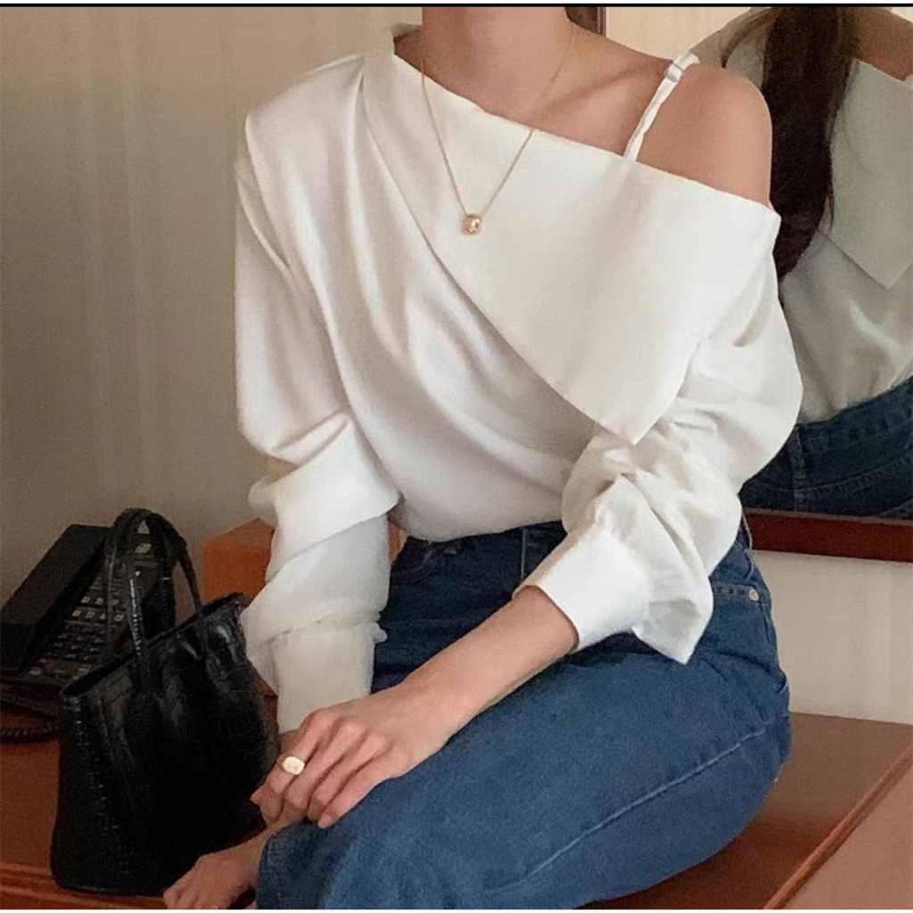 Áo lệch vai trễ vai sơ mi dáng rộng phong cách Hàn Quốc phù hợp đi học đi chơi đi làm | BigBuy360 - bigbuy360.vn