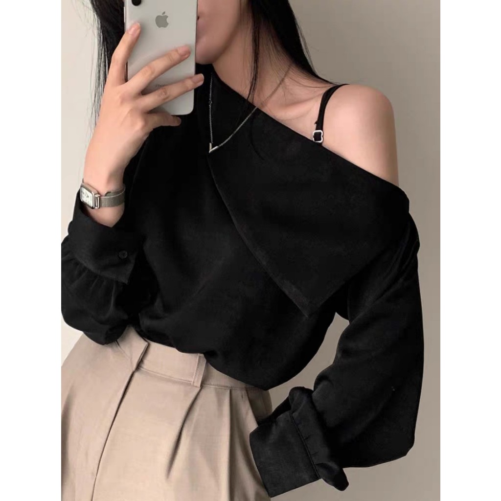 Áo lệch vai trễ vai sơ mi dáng rộng phong cách Hàn Quốc phù hợp đi học đi chơi đi làm | BigBuy360 - bigbuy360.vn