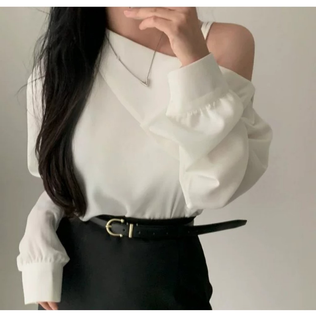 Áo lệch vai trễ vai sơ mi dáng rộng phong cách Hàn Quốc phù hợp đi học đi chơi đi làm | BigBuy360 - bigbuy360.vn
