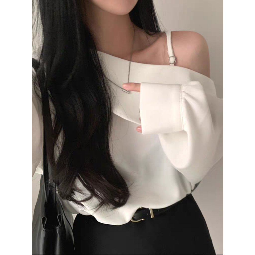 Áo lệch vai trễ vai sơ mi dáng rộng phong cách Hàn Quốc phù hợp đi học đi chơi đi làm | BigBuy360 - bigbuy360.vn