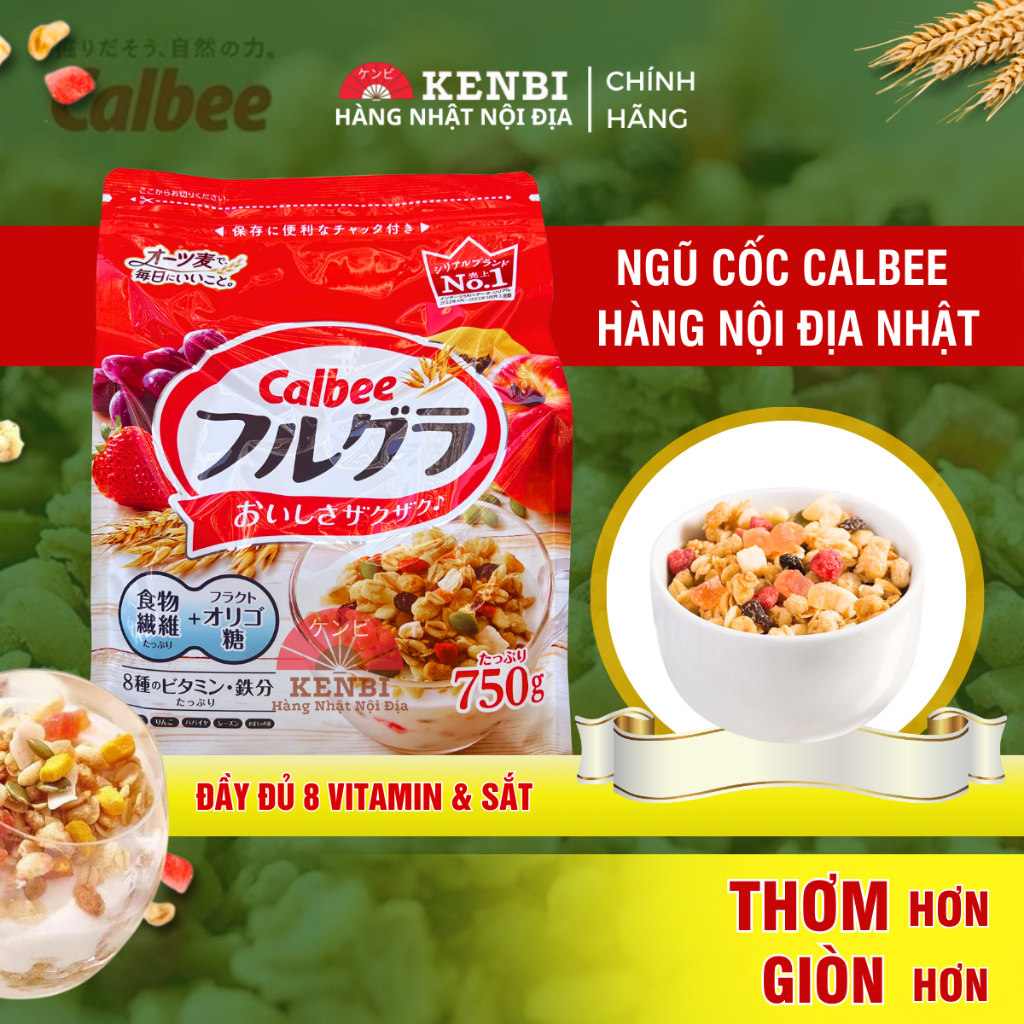 Ngũ cốc Calbee đỏ Nhật Bản, hoa quả & hạt sấy khô ăn sáng đầy đủ dinh dưỡng chuẩn nội địa Nhật