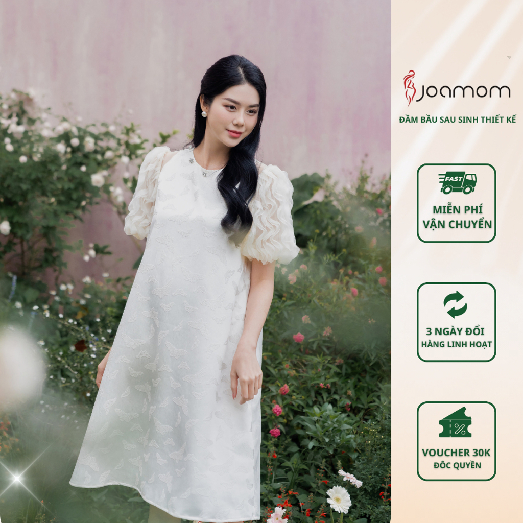 Váy đầm bầu Joamom thiết kế tay phối ren cổ đính đá JVB406