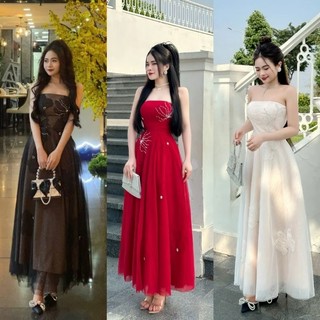 [MA_00255] Đầm Nữ Thiết Kế Cúp Ngực Voan Hoa Thêu Đính Ngọc Dáng Dài Cách Điệu