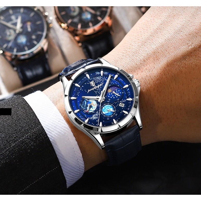 Đồng hồ đeo tay nam chính hãng mặt thiên hà chạy full 6 kim chống nước tốt cao cấp kèm hộp POEDAGAR P916