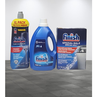 Nước rửa bát Finish Gel 1.3L +  Muối rửa bát finish làm mềm nước trong máy 1.2kg + Dung dịch dầu làm bóng 800ml viên bột