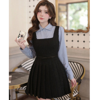 Đầm dạ tweet cổ vuông dress xếp ly cách điệu