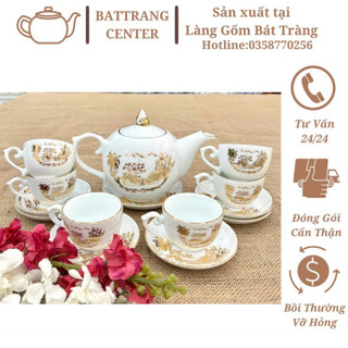 (6 MẪU)Bộ Ấm Chén Pha Trà Bát Tràng - men Trắng,viền Vàng,vẽ Làng Quê Việt Nam-bộ Chóp 500ml