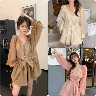 Sét đũi gân cúc bọc dây rút eo kèm quần short