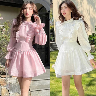 Váy Xoè Tay Phồng Tiểu Thư DANSOOSTORE, Đầm Thiết Kế Tay Bo Chun Viền Bèo Phối Nút Dự Tiệc Sang Trọng, Lịch Sự NT34