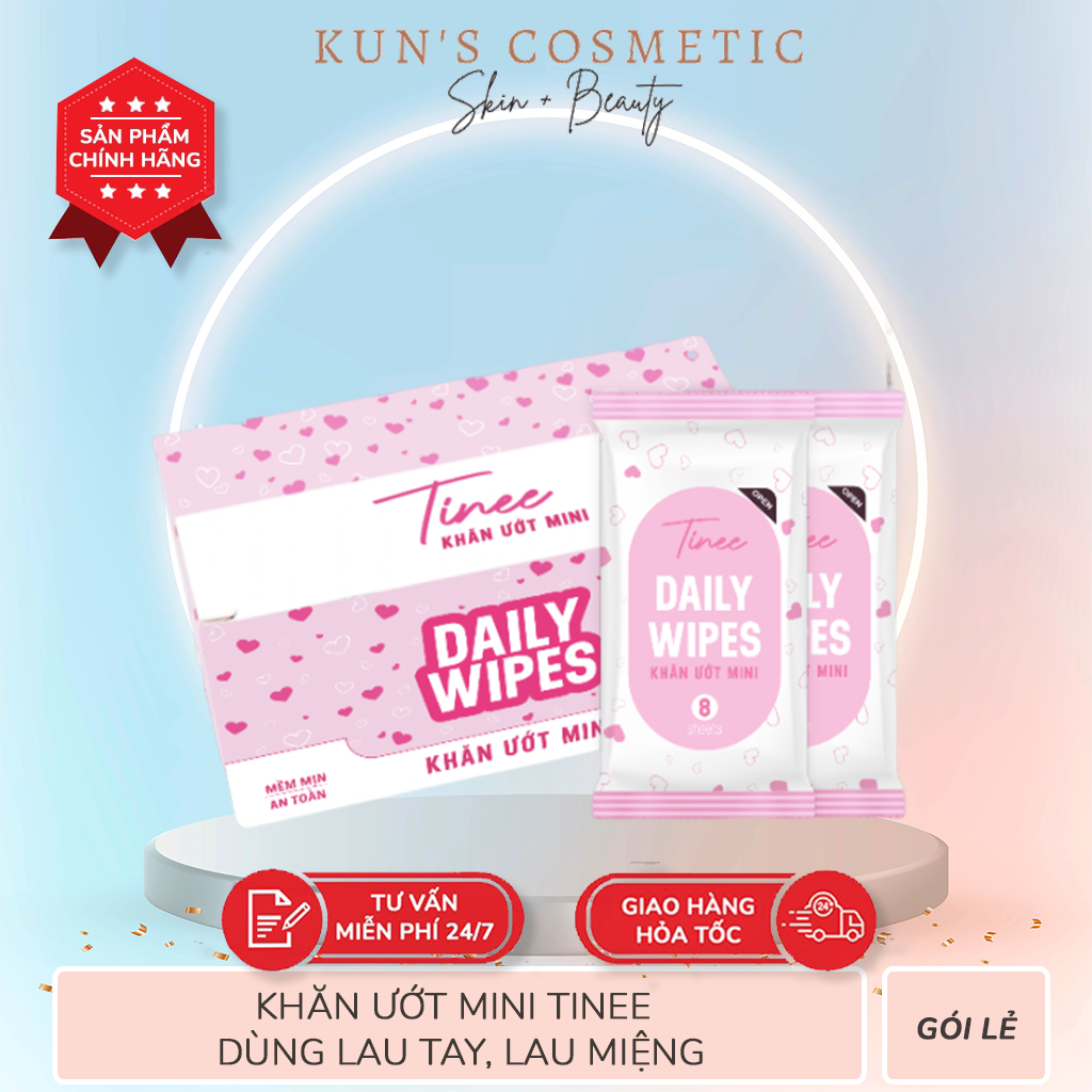 Khăn ướt mini Tinee dùng lau tay, lau miệng hoặc đồ dùng - Gói lẻ (8 tờ/ 1 gói)