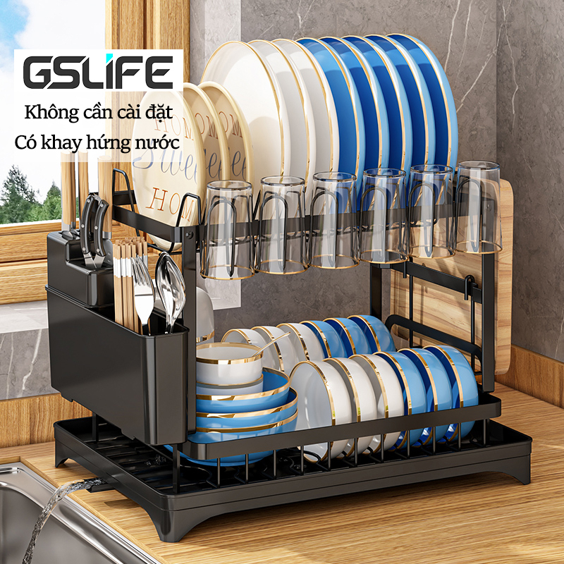 GSlife Kệ Để Chén Bát Đĩa Thép Carbon Kệ Để Đồ Nhà Bếp 3 Tầng Có Khay Hứng Nước Đa Năng Tặng Kèm