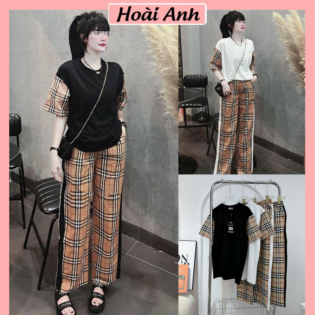 Set Bộ Đồ Nữ BBR TRƠN Áo Phông Ngắn Tay Phối Tay Kẻ Mix Quần Dài Kẻ Xuông Ống Rộng Freesize