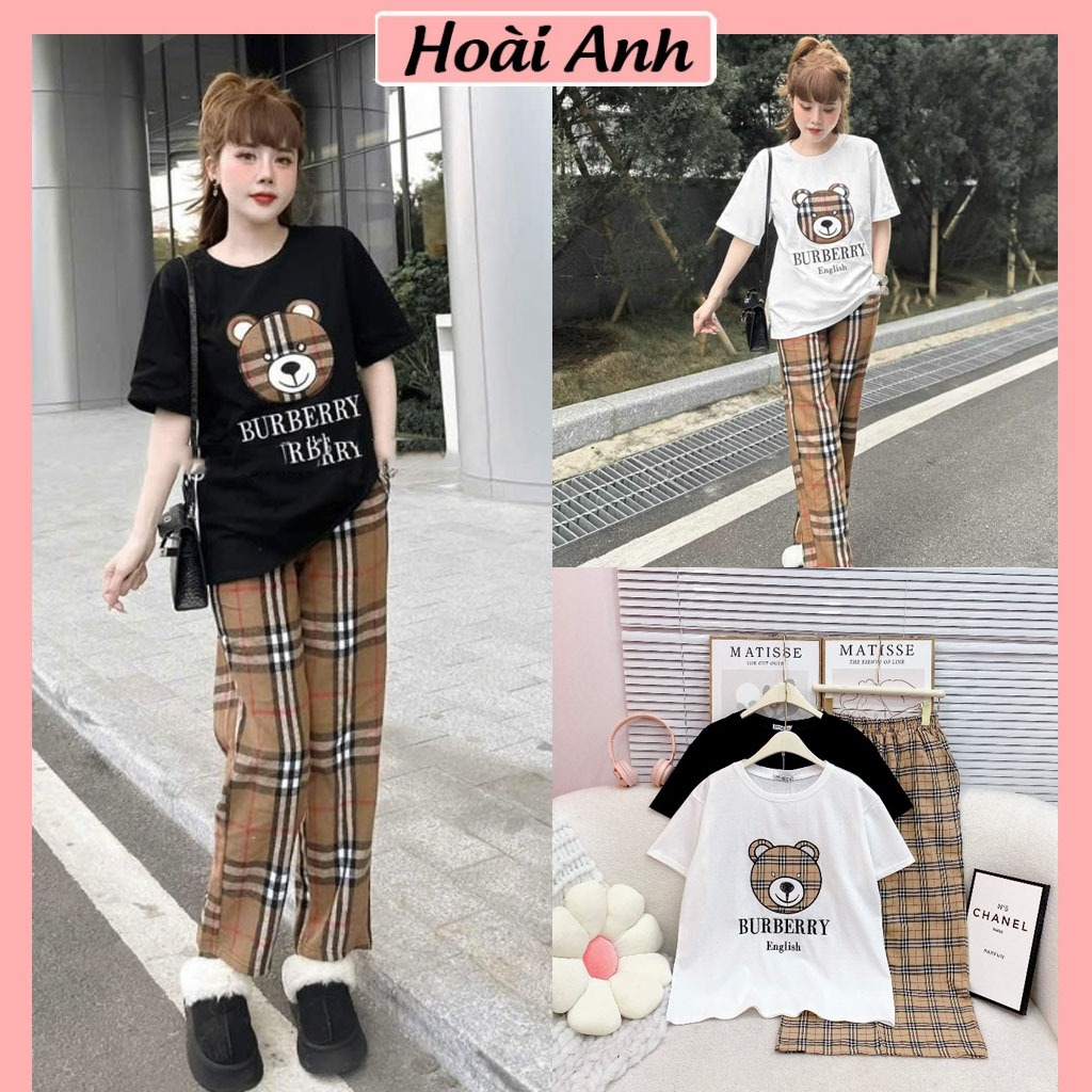 Set Bộ Đồ Nữ BBR Gấu ENGLISH Áo Phông Ngắn Tay Thêu Gấu Mix Quần Kẻ Xuông Dài Ống Rộng Freesize
