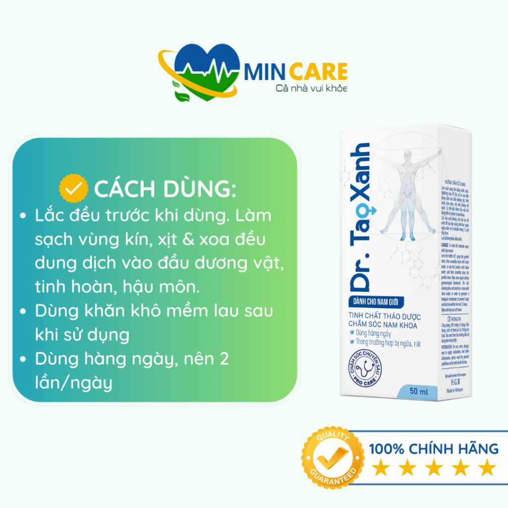 Dr. Tao Xanh - Dung Dịch Vệ Sinh Nam dùng hàng ngày, Tinh chất thảo dược, Hỗ trợ giảm viêm nhiễm, nấm ngứa