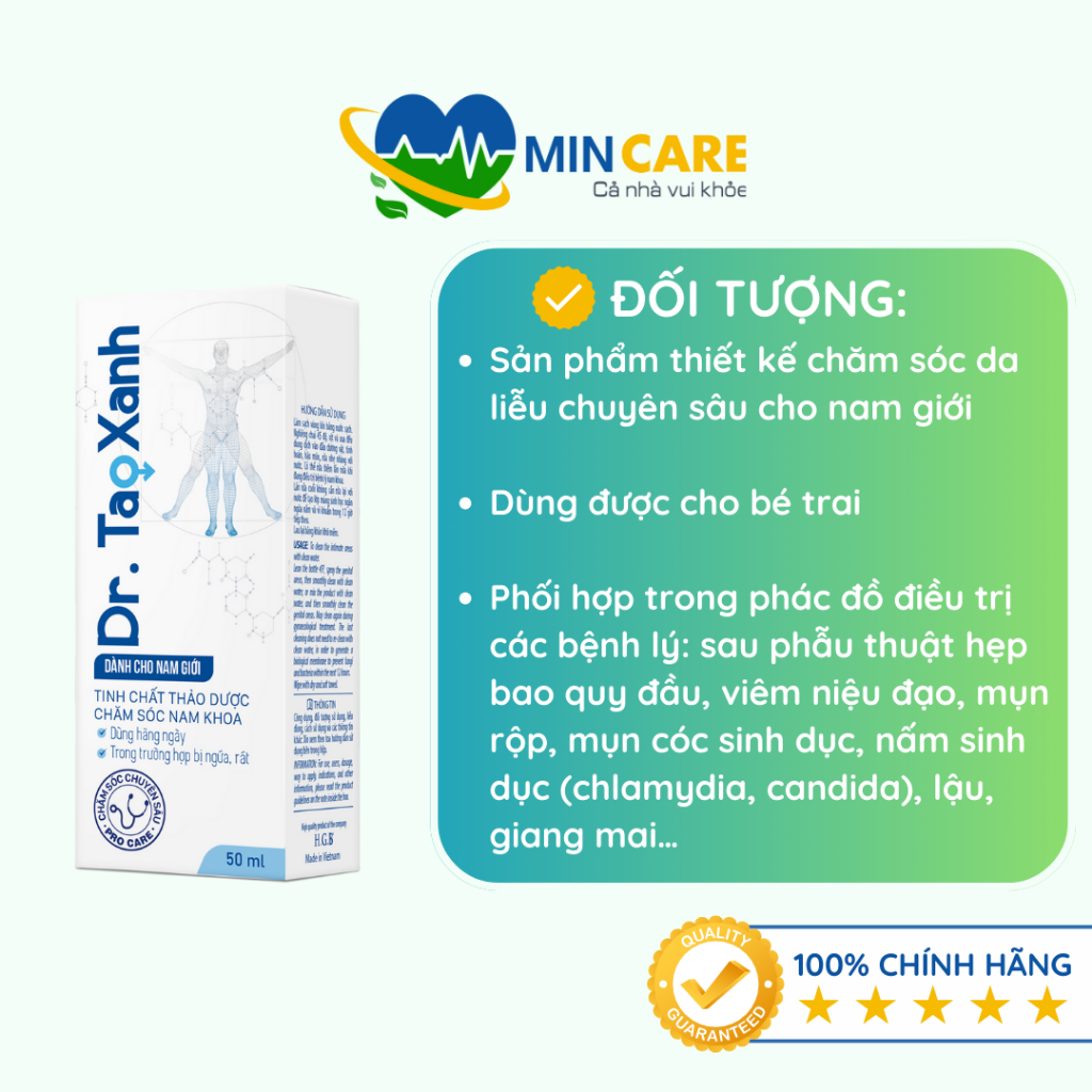 Dr. Tao Xanh - Dung Dịch Vệ Sinh Nam dùng hàng ngày, Tinh chất thảo dược, Hỗ trợ giảm viêm nhiễm, nấm ngứa