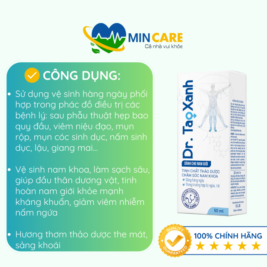 Dr. Tao Xanh - Dung Dịch Vệ Sinh Nam dùng hàng ngày, Tinh chất thảo dược, Hỗ trợ giảm viêm nhiễm, nấm ngứa