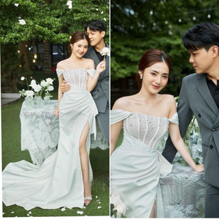 Đầm body dạ hội bẹt vai sẽ tà đính hạt dự tiệc cô dâu
