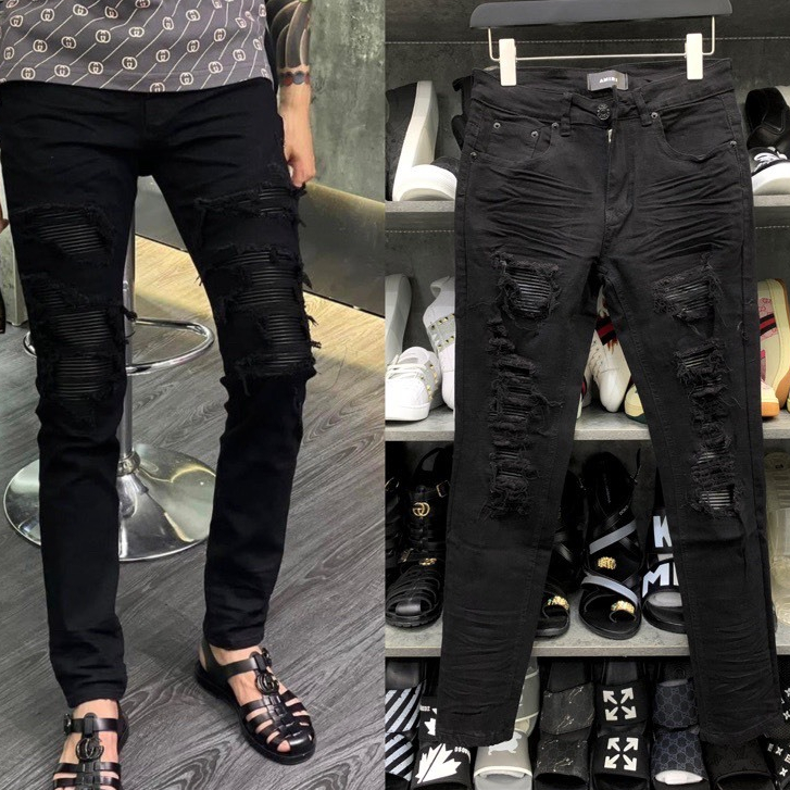 Quần Jean Nam Đen Vá Da Nhăn 4 Cúc Quần Jean Skinny màu đen gối vá họa tiết bản cao cấp co dãn 4 chiều