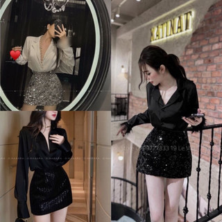 Sét áo lụa cổ vest chân váy kim sa siêu xinh