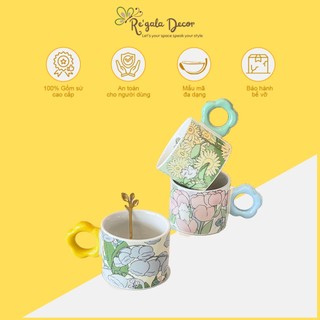 Cốc Sứ Cao Cấp Re’gala Decor - Hoạ Tiết Hoa Mùa Xuân, Tay Cầm Hình Bông Hoa Dễ Thương, Phù Hợp Uống Trà, Cà Phê