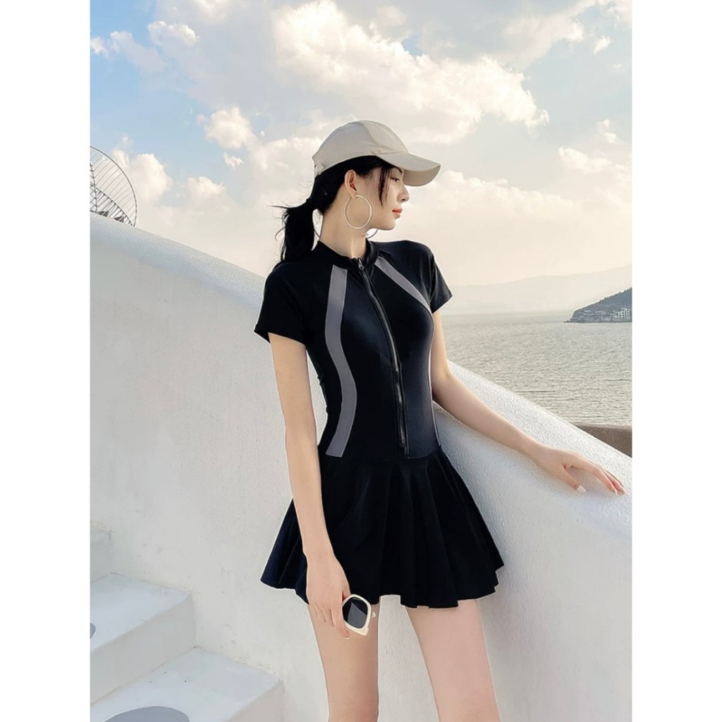 Bikini một mảnh đồ bơi nữ liền thân tắm biển phối xám ngắn khóa zip kéo váy bên trong có quần đùi kín đáo PALDORA060 | BigBuy360 - bigbuy360.vn