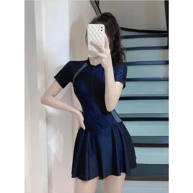 Bikini một mảnh đồ bơi nữ liền thân tắm biển phối xám ngắn khóa zip kéo váy bên trong có quần đùi kín đáo PALDORA060 | BigBuy360 - bigbuy360.vn