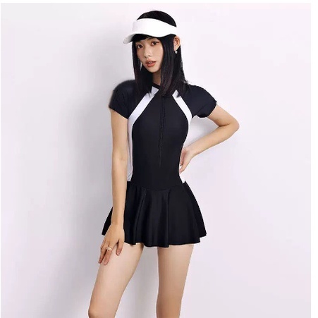Bikini một mảnh đồ bơi nữ liền thân tắm biển phối xám ngắn khóa zip kéo váy bên trong có quần đùi kín đáo PALDORA060 | BigBuy360 - bigbuy360.vn