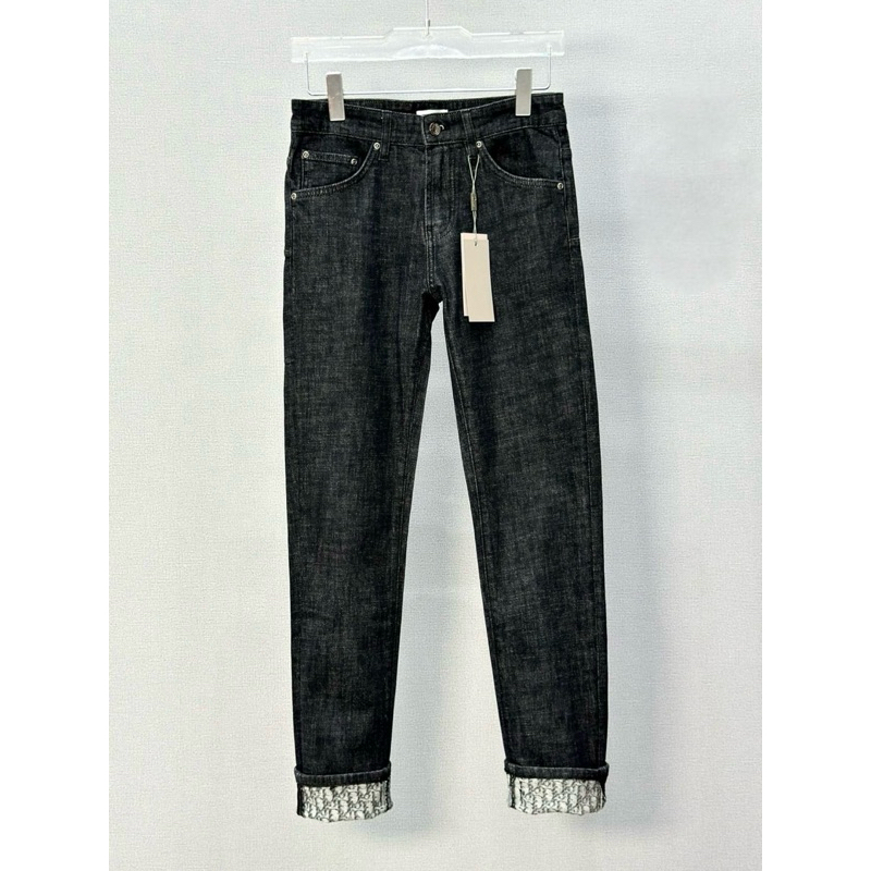 Quần jean bò nam CD slimfit trơn xước màu tag chữ túi phối gấu xắn dập vân chữ monogram cao cấp