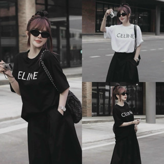  Sét váy thời trang nữ mặc đi chơi áo chất thun gân thêu chữ fom rộng thụng mix chân váy chữ A maxi dài Kaki đen trắng 