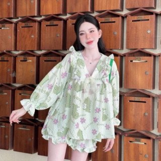 Set bộ babydoll hoạ tiết xinh kèm quần bigsize 60-100kg