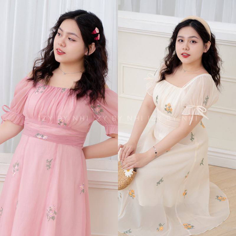 VÁY ĐẦM BIGSIZE TƠ THÊU HOA TRỄ VAI - PEACHY DRESS 24V05 - IZYBYNHI