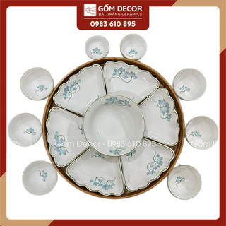 Bộ bát đĩa hoa mặt trời, bát đĩa bát tràng cúng gia tiên bày ban thờ vẽ sen xanh men trắng