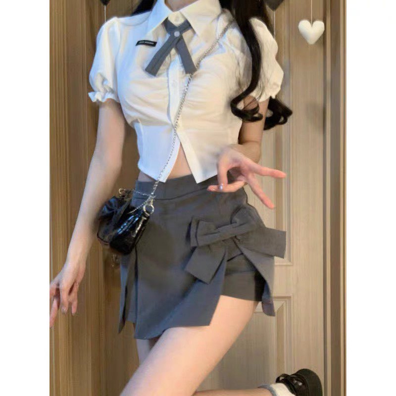 Set áo croptop kèm chân váy xám nơ phong cách tiểu thư xixeoshop - V401