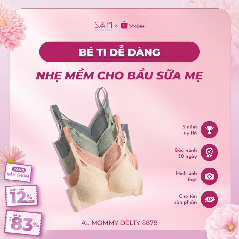 Áo lót cho bé ti SAM cotton pha ren siêu mềm nút cởi tiện lợi cho bé ti, thấm hút sữa và mồ hôi nhanh chóng Delty 8878