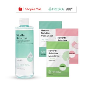 Combo Nước tẩy trang Freska Micellar Sensitive Cleansing Water 400ml + 3 Mặt nạ giấy Freska Natural Solution Mask Sheet
