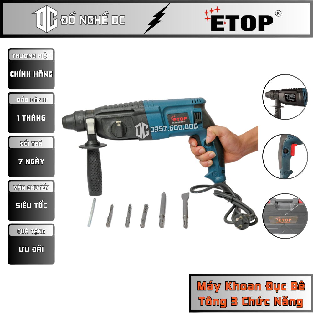Máy Khoan Đục Bê Tông 3 Chức Năng XH-2026 ETOP Chính Hãng chuyên dùng để khoan bê tông sắt, tường, gỗ, tôn,...