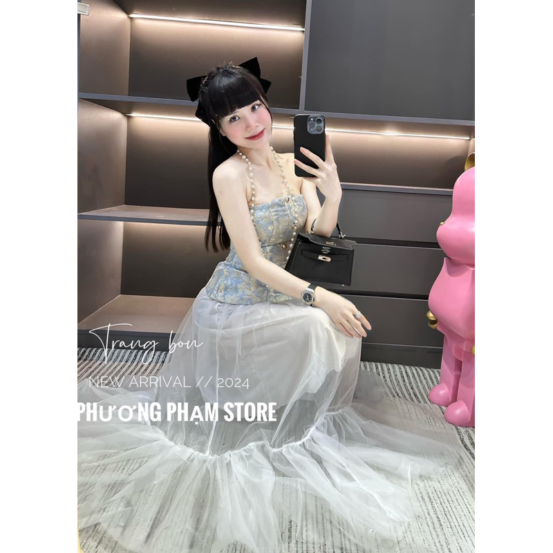 Set đầm tiểu thư đi du lịch, áo gấm mix chân váy xoè sang a4