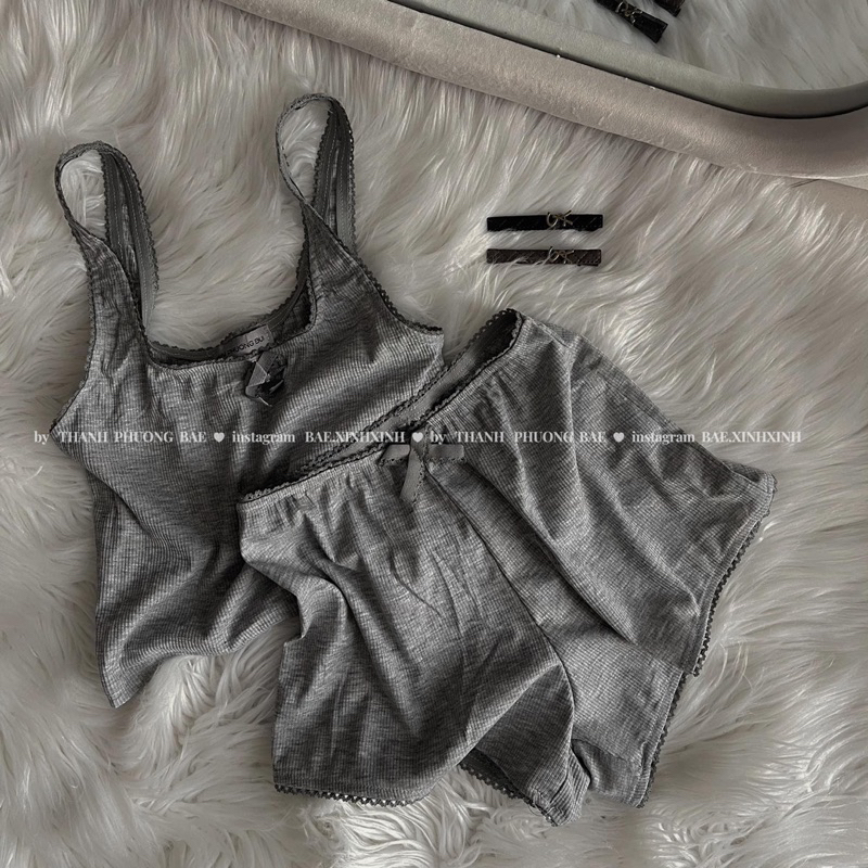 Bộ đồ ngủ phối ren cute phô mai que đính nơ babytee