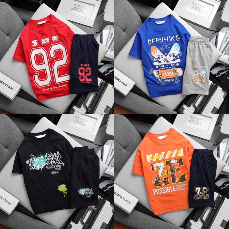 Bộ đồ cộc tay bé trai Janeshop, Set áo cotton quần đùi siêu đại cồ bé trai 29-65kg