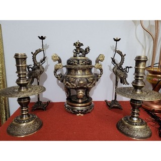 Bộ đỉnh thờ lư thờ đồng ngũ sự song long chầu nguyệt 60cm chất liệu đồng nguyên chất đúc liền