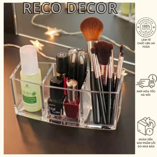 Ống Acrylic Đựng Cọ Trang Điểm Mĩ Phẩm Trong Suốt Chia 3 Ngăn Trang Trí Decor Reco