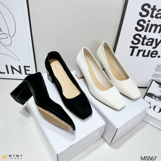 Giày cao gót nữ gót vuông đế cao 6cm màu đen, kem da mềm mymyshoes MS567