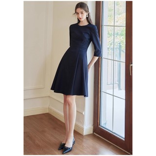 Đầm xanh đen trơn cổ tròn tay lửng thiết kế dáng xoè