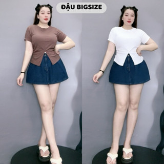 Áo thun thời trang Đậu bigsize nữ cổ tròn tay ngắn xẻ tà giữa nhún 2 bên eo che khuyết điểm chất gân tăm mềm mịn - G55