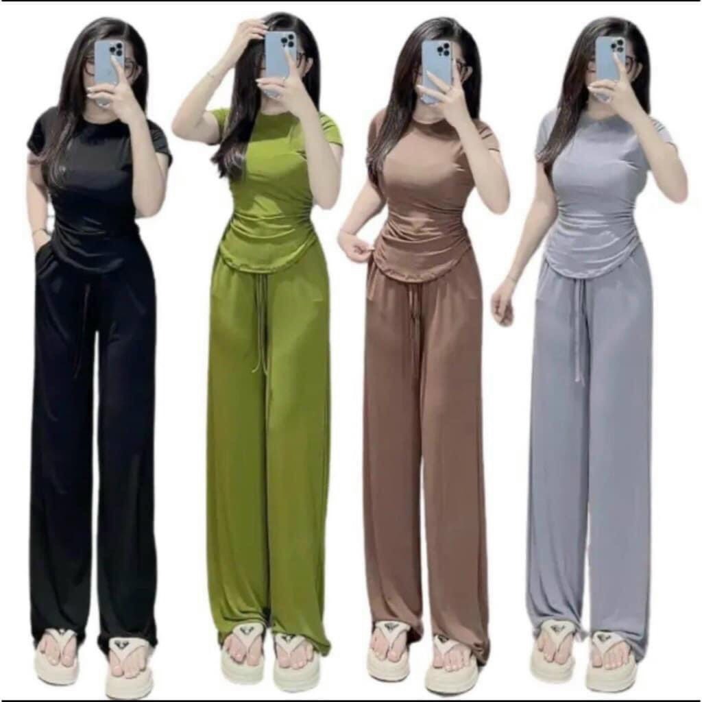 Set bộ tăm lạnh nữ áo nhún sườn vạt bầu kèm quần ống rộng cùng tone xinh xắn thích hợp mặc ở nhà, đi chơi