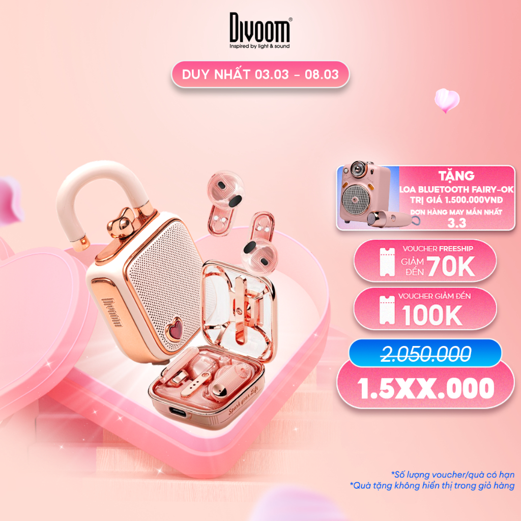 Combo tai nghe bluetooth Divoom Spark Air - Loa blutooth Lovelock Pink chất âm cực đỉnh - Bảo hành 12 tháng